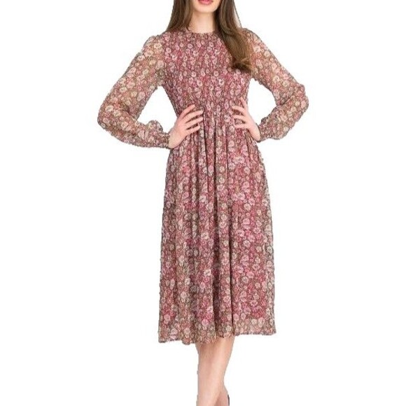 VERO MODA Smocked Midi Dress Womens Sz L Modest Feminine Floral Puffed Sleeve - Picture 1 of 16